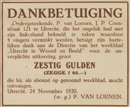 717370 Dankbetuiging van P. van Loenen (J.P. Coenstraat 121) te Utrecht voor een uitkering van f 60 uit de gratis ...